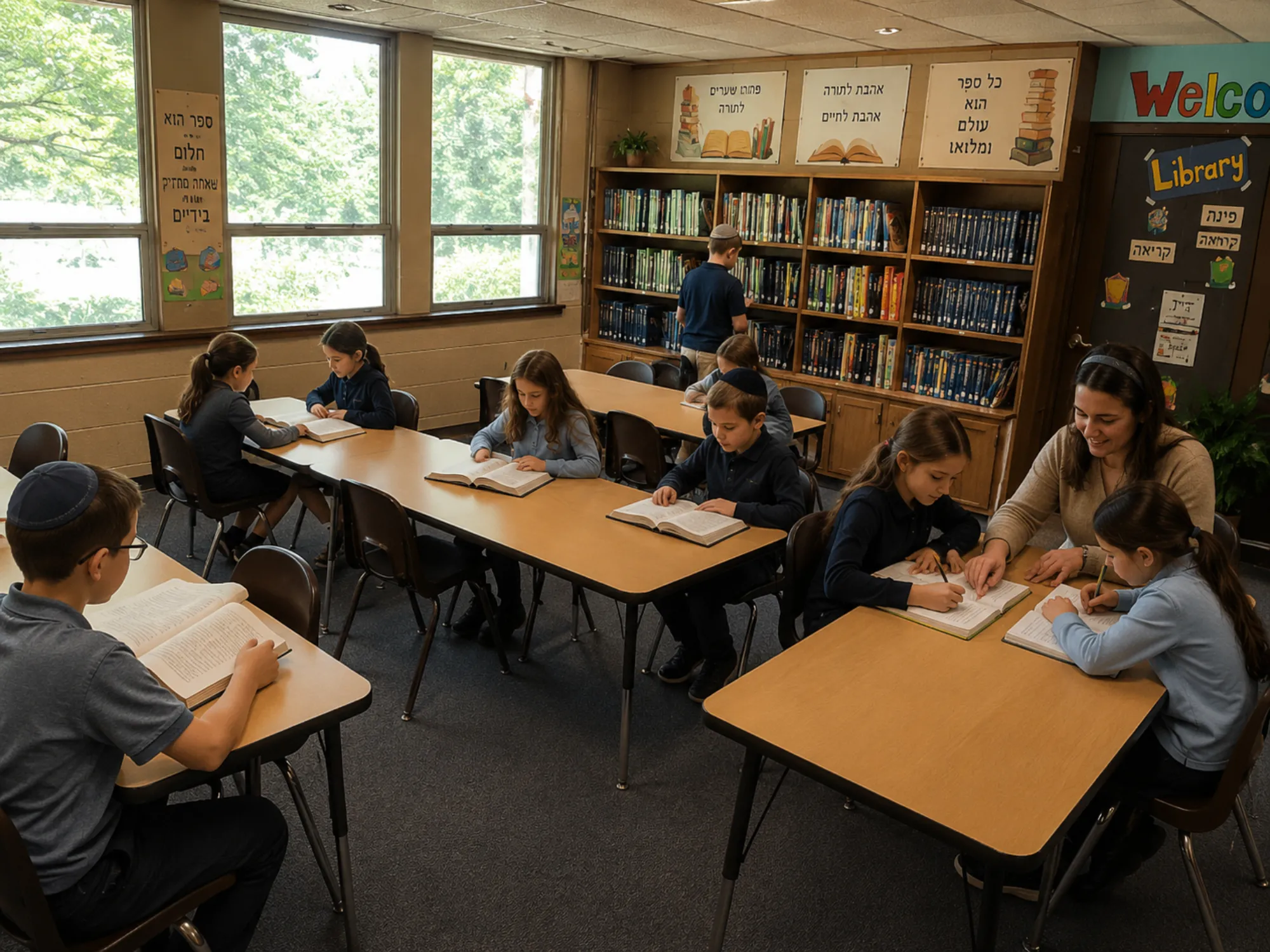 Elementary students studying in the school library